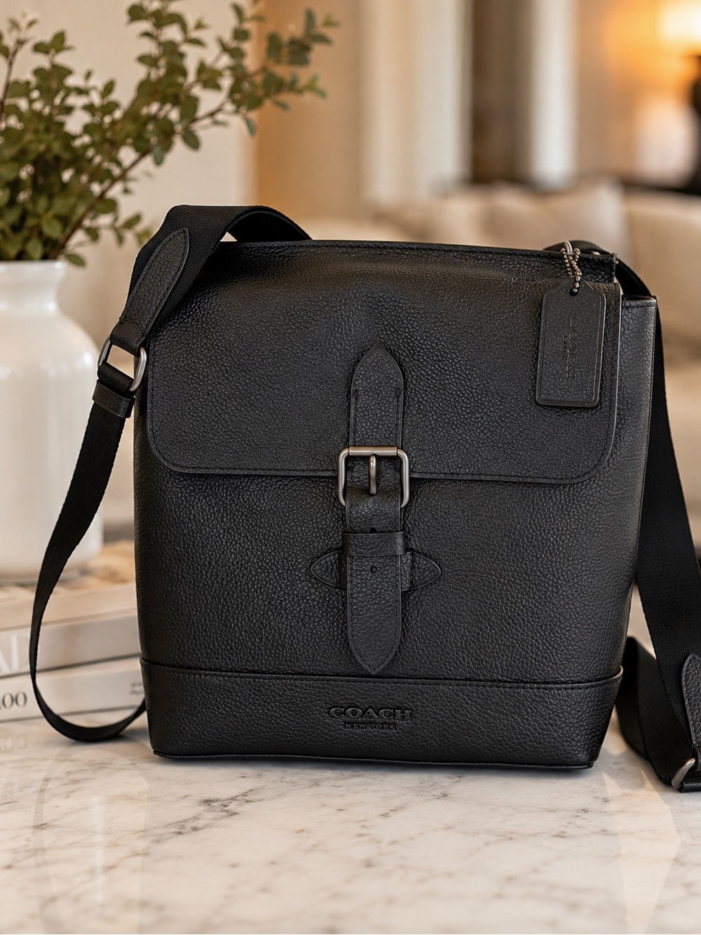 Coach Black Pebble Crossbody Leather Messenger Bag with Front Buckle